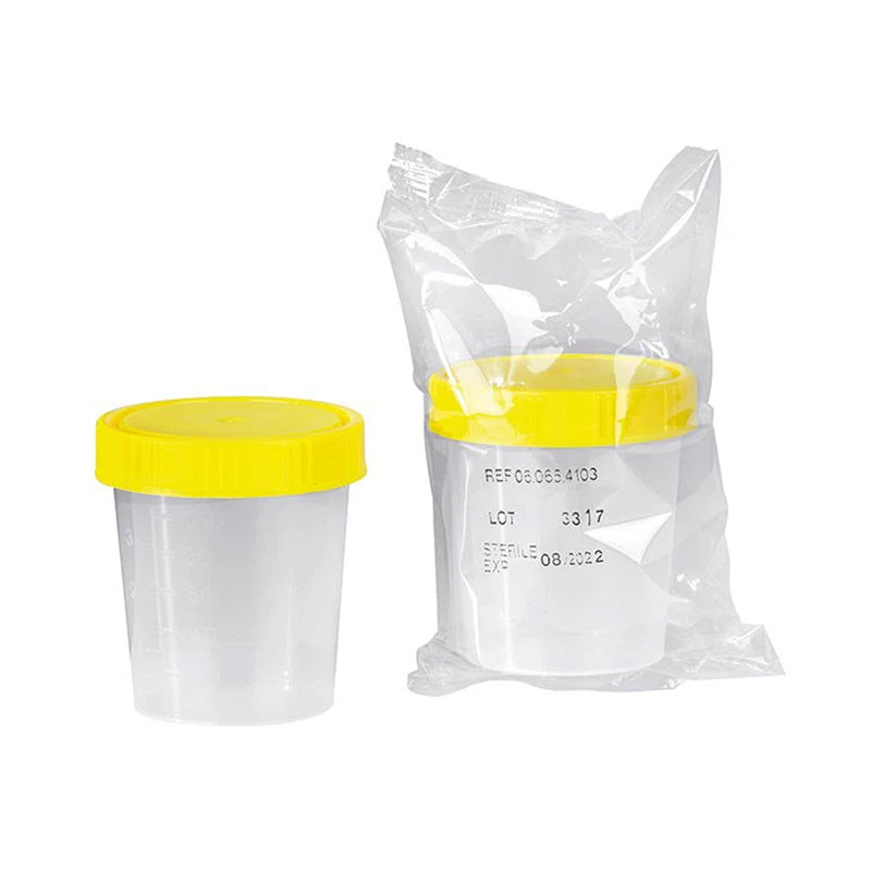Urinbecher mit Schraubdeckel gelb 100ml steril AP 150
